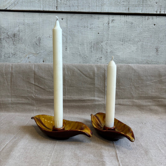 Vintage Pottery Leaf Shape Candle Holdesr - Yellow/Brown (Set of 2)