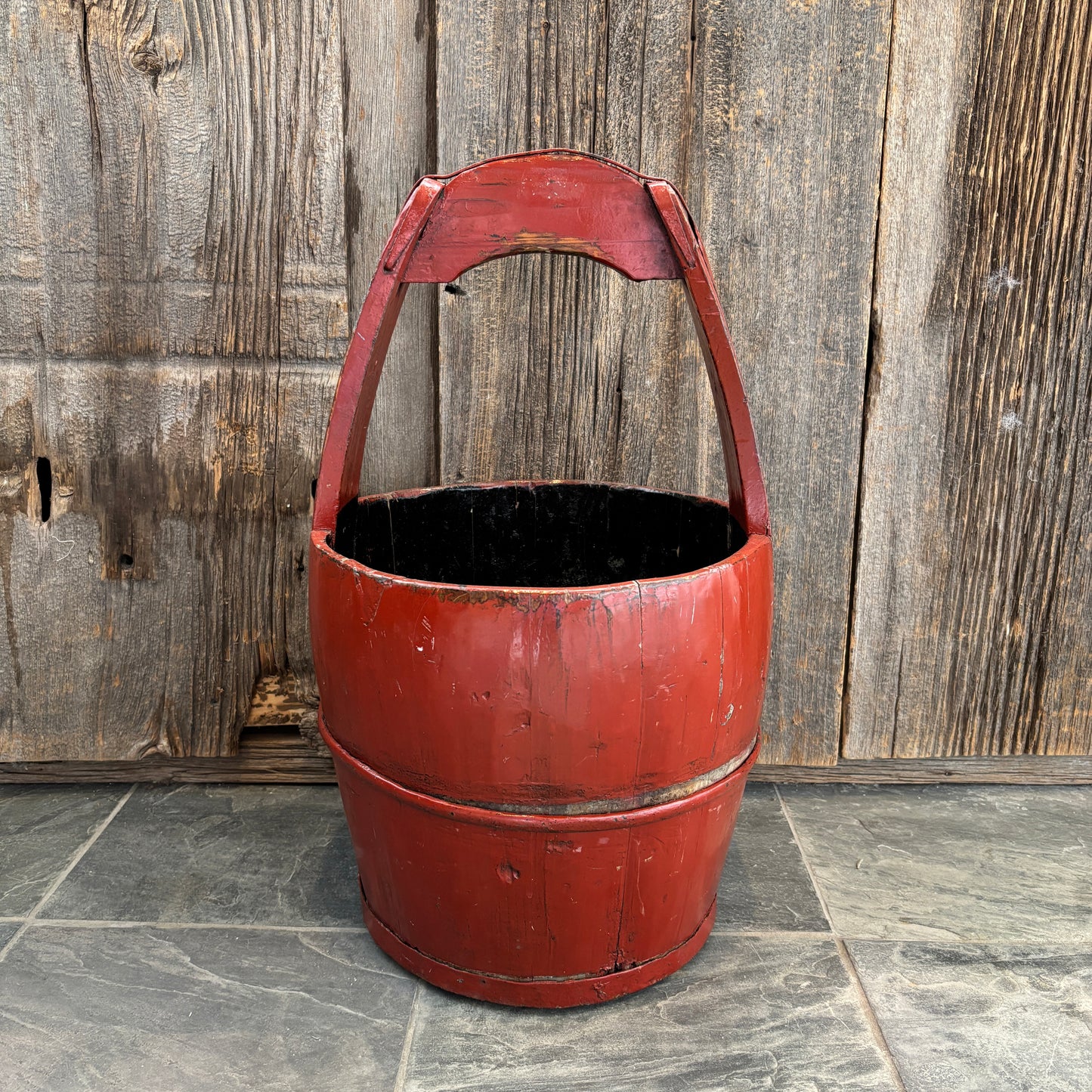 Vintage Chinese Wooden Handled Bucket - Red