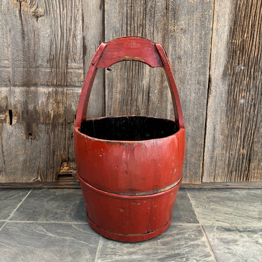 Vintage Chinese Wooden Handled Bucket - Red