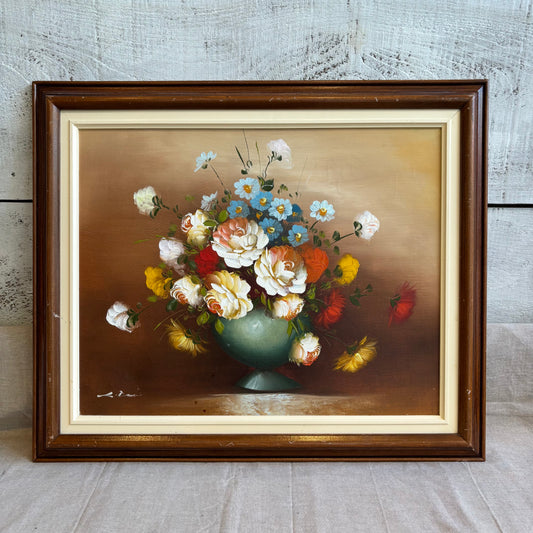 Vintage Colourful Flower Arrangement w/ Wood Frame