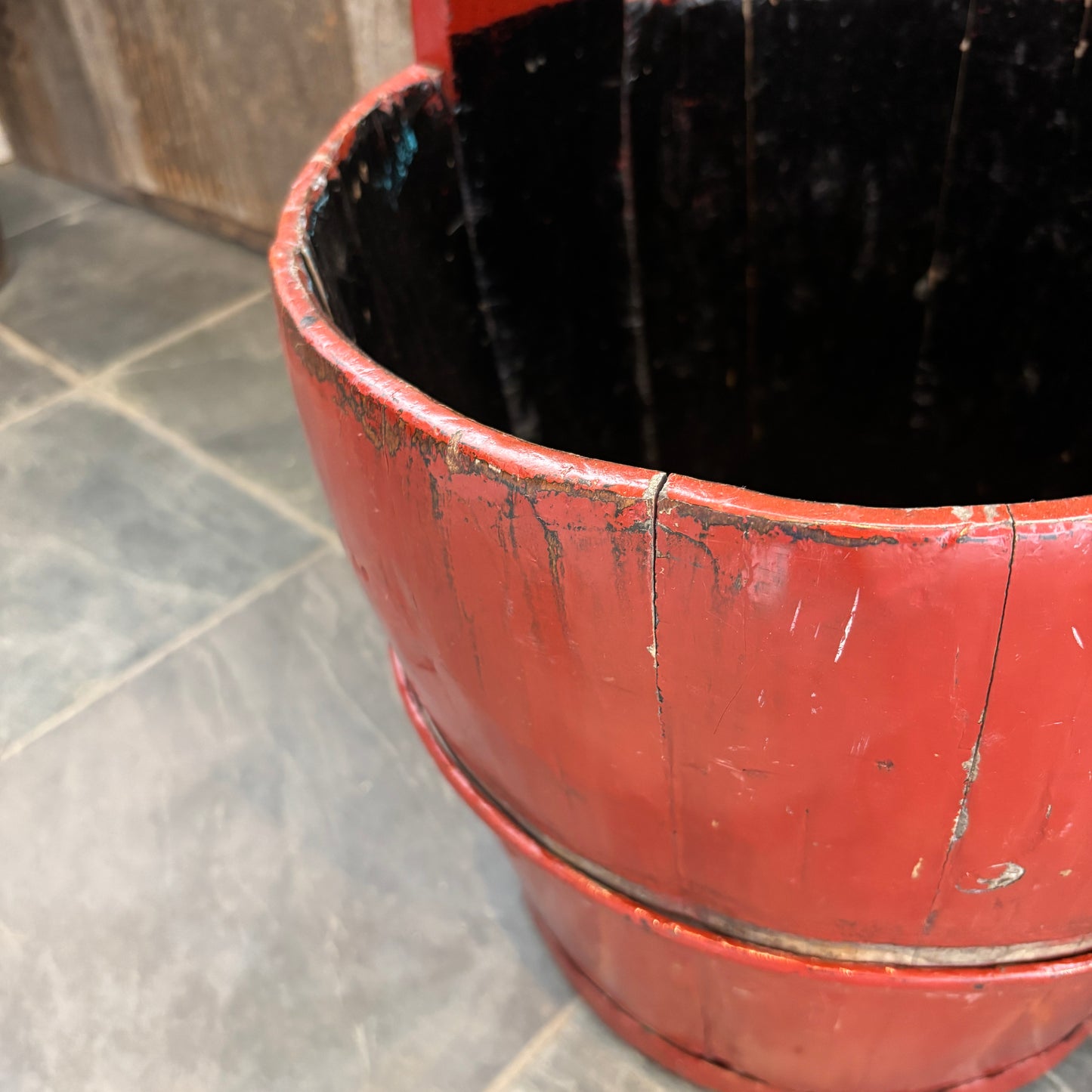 Vintage Chinese Wooden Handled Bucket - Red