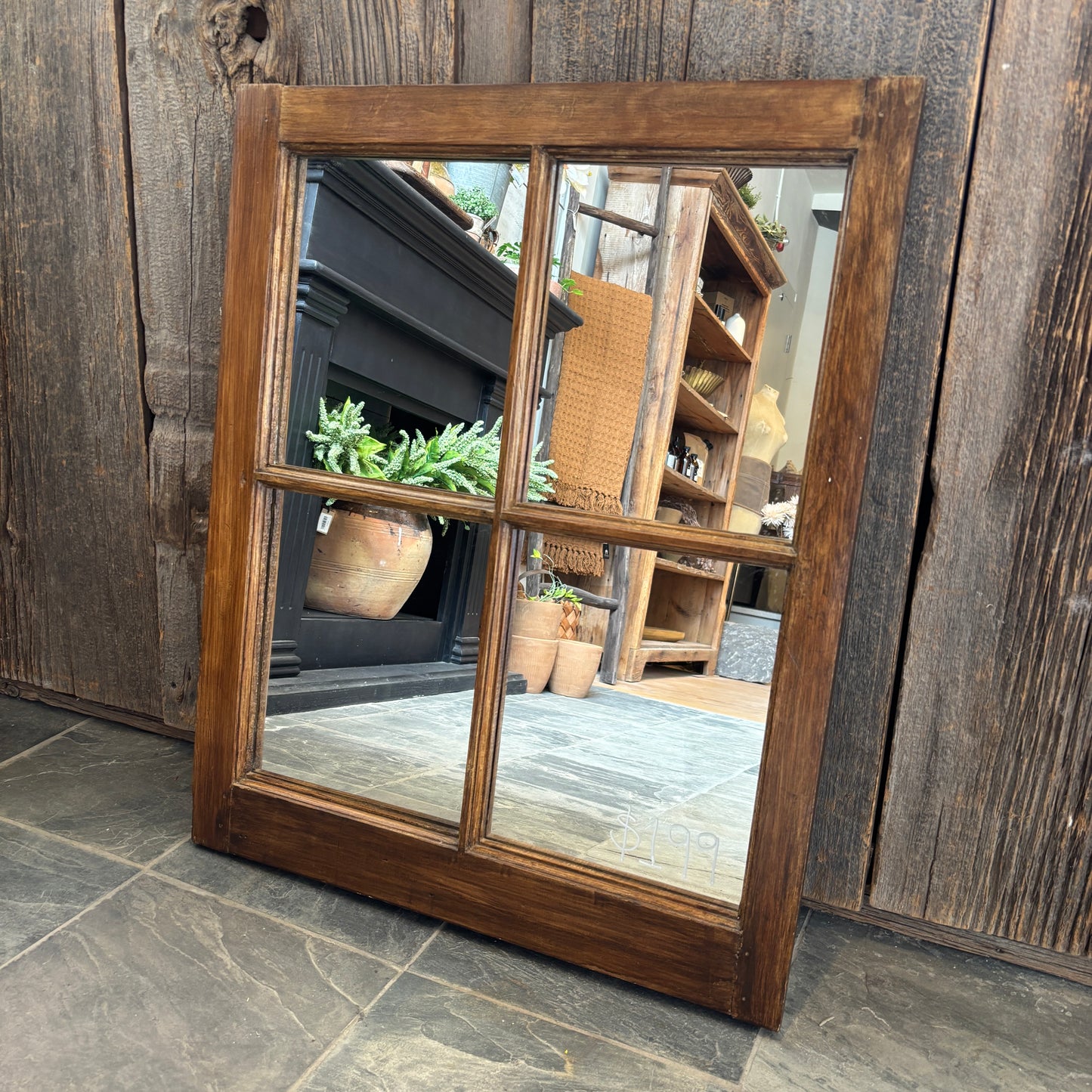 Vintage Dark Wood Window Frame Mirror - MED