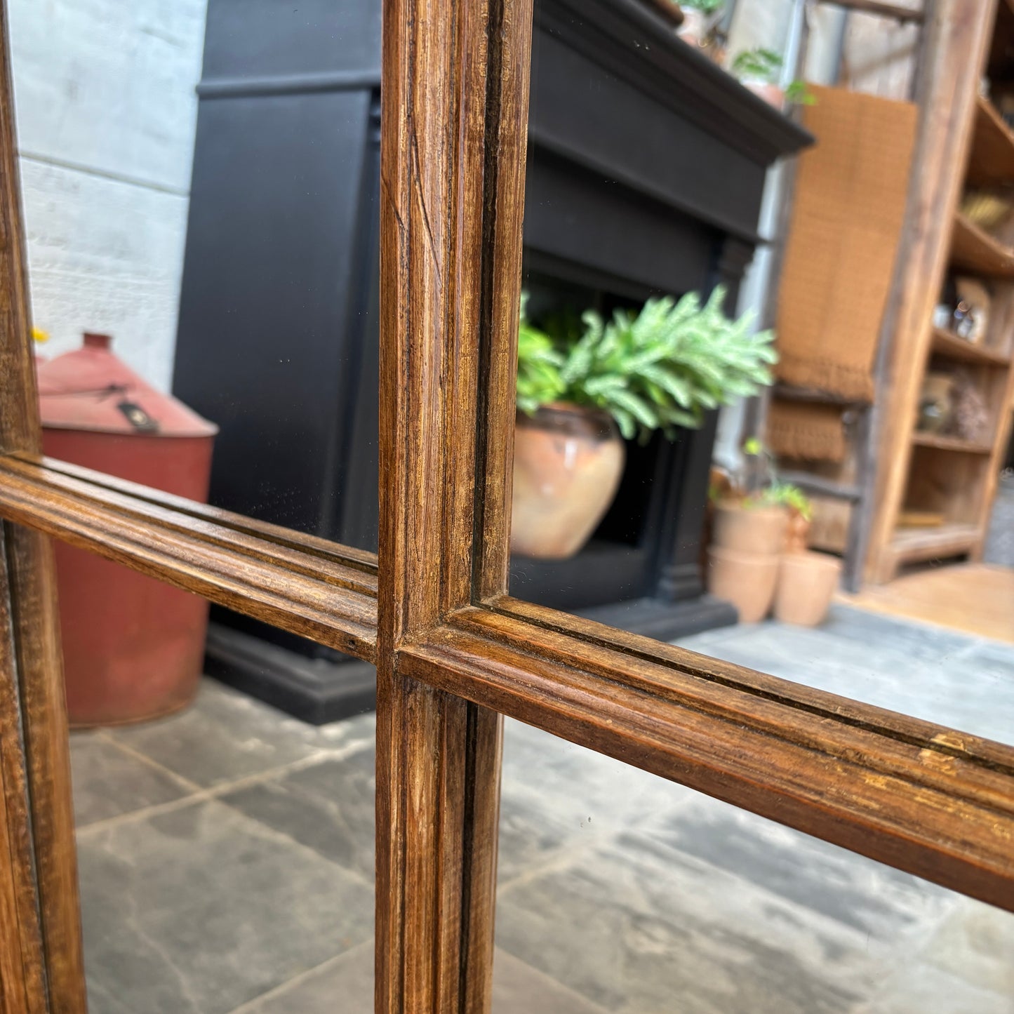 Vintage Dark Wood Window Frame Mirror - MED