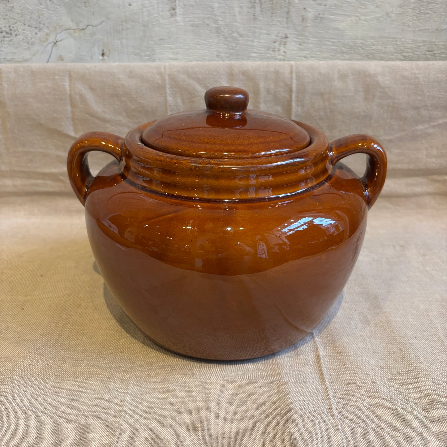 Vintage Brown Bean Pot w/Handles + Lid