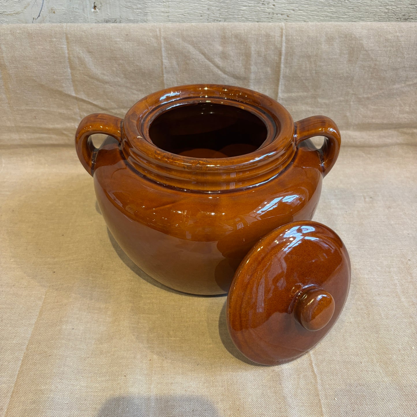 Vintage Brown Bean Pot w/Handles + Lid