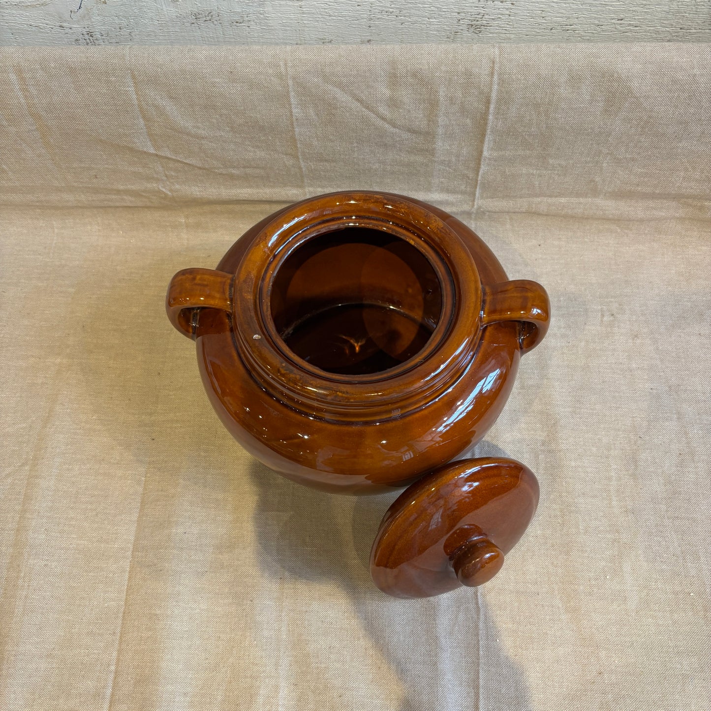 Vintage Brown Bean Pot w/Handles + Lid