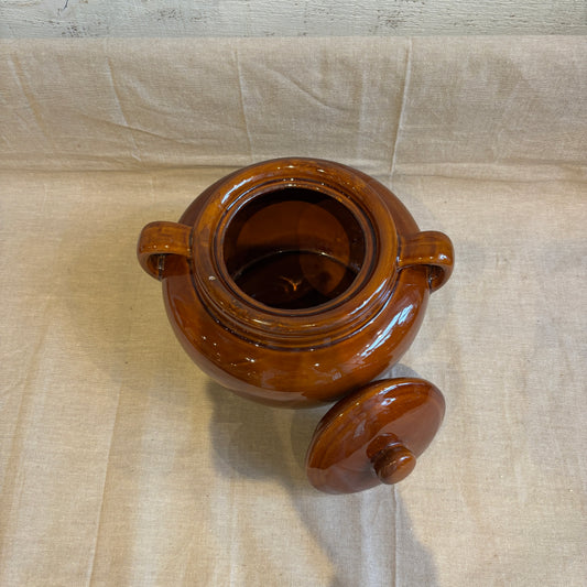 Vintage Brown Bean Pot w/Handles + Lid