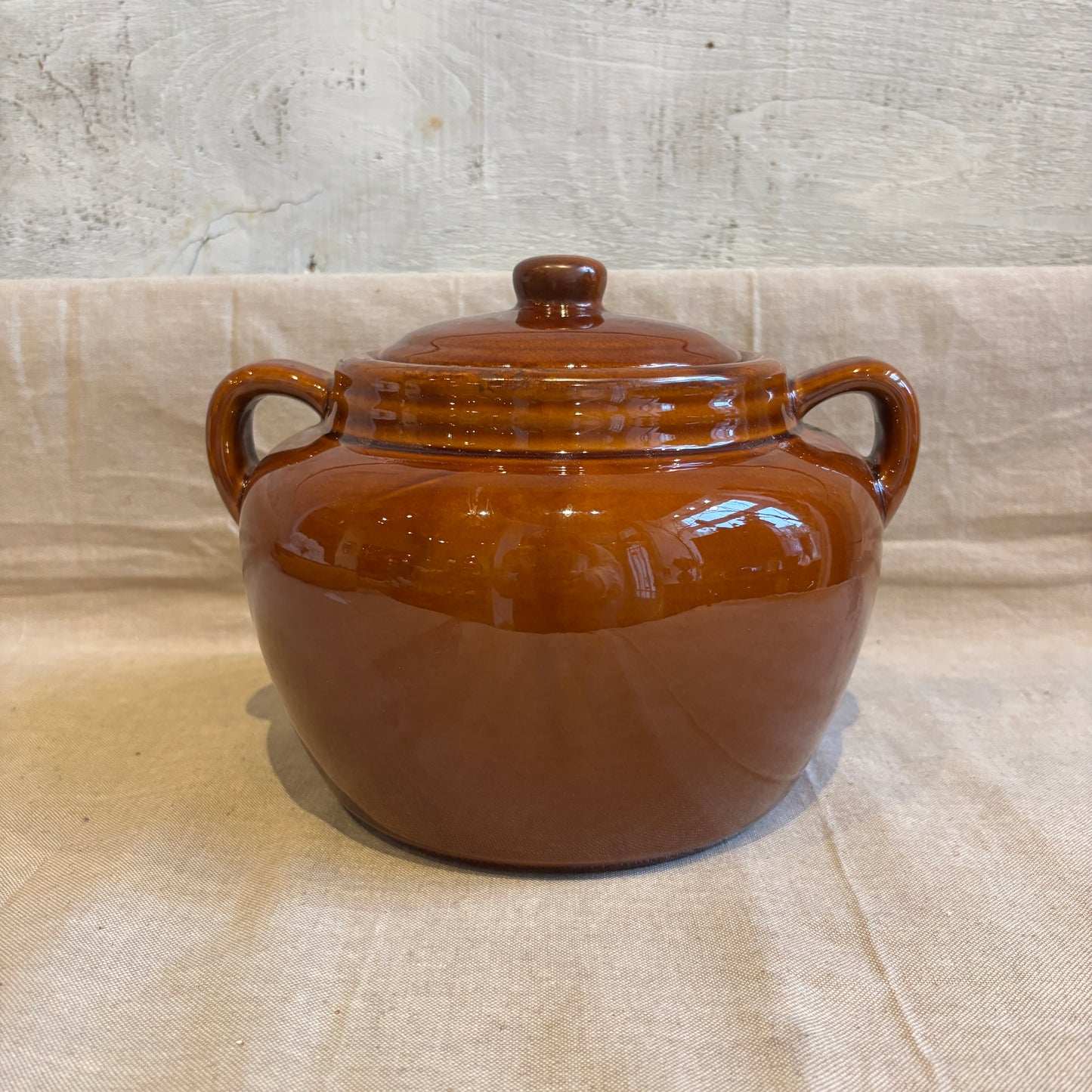 Vintage Brown Bean Pot w/Handles + Lid