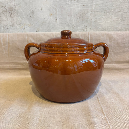 Vintage Brown Bean Pot w/Handles + Lid