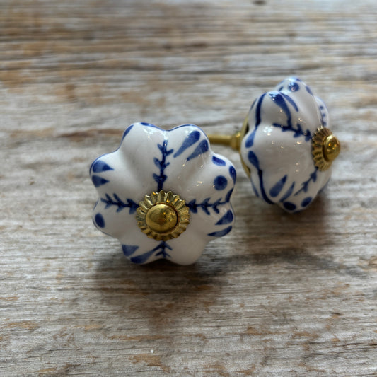 Knob: Ceramic Pumpkin - Blue Leaves