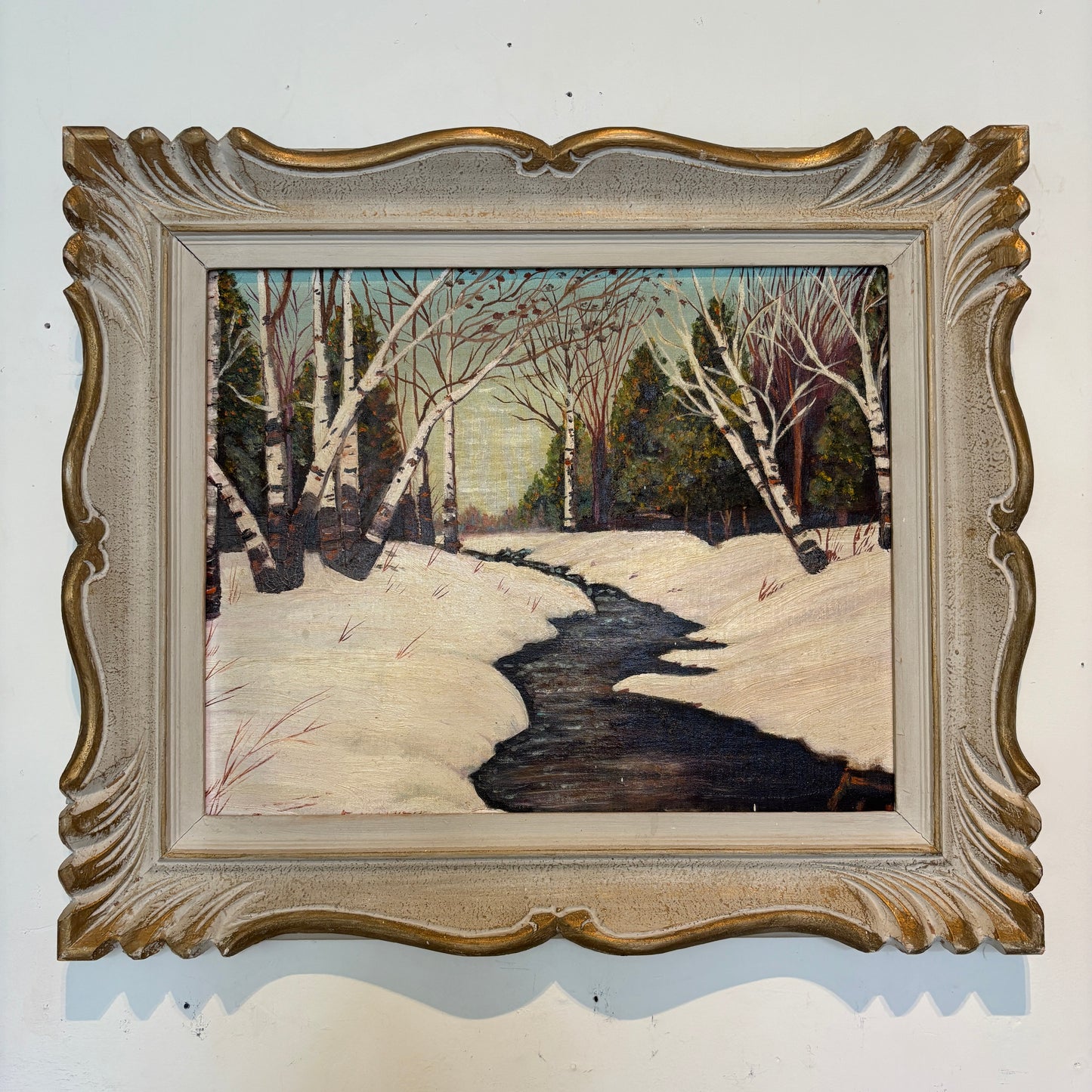 Vintage Winter Stream Oil Painting - White & Gold Frame