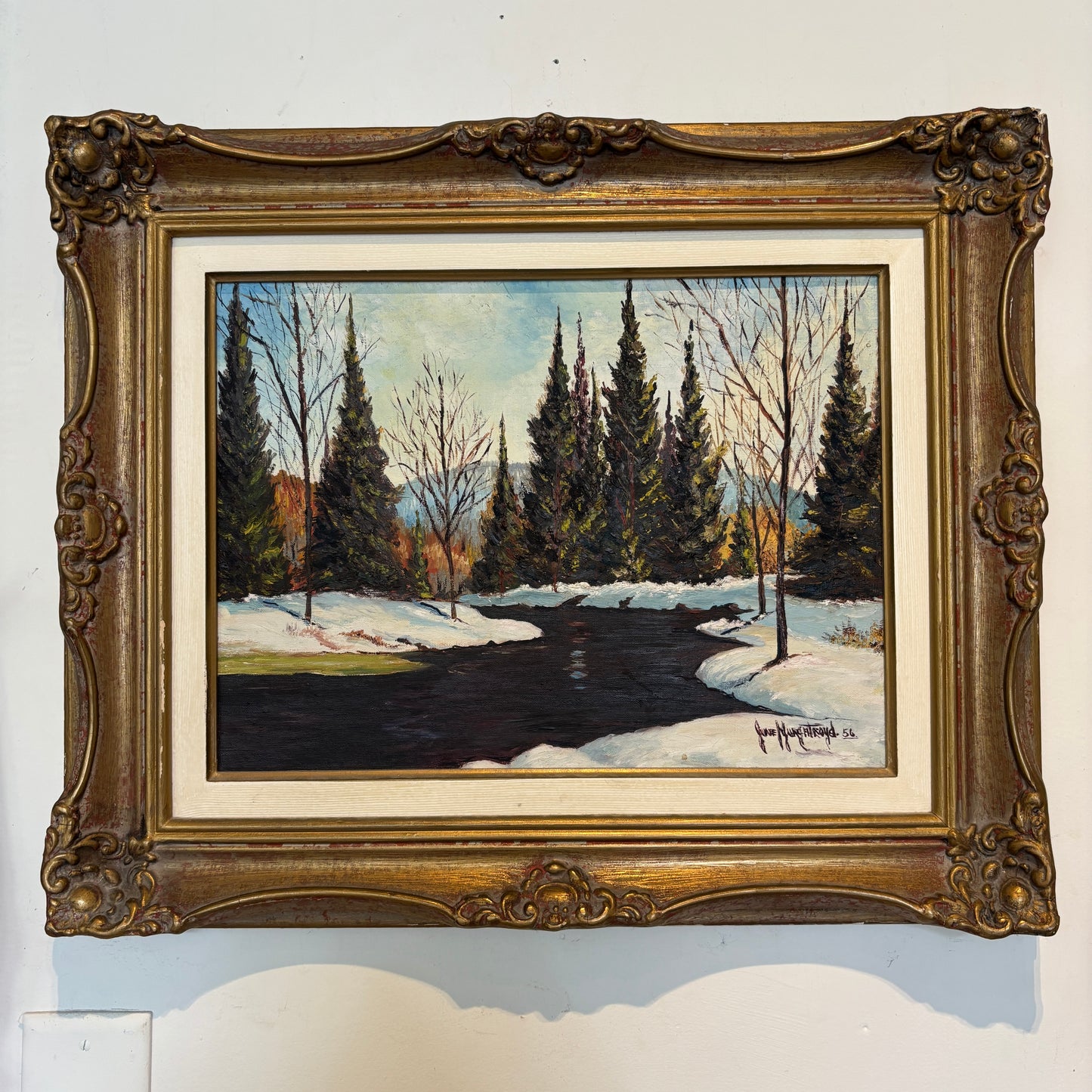 Vintage Winter River Oil Painting - Ornate Gold Frame
