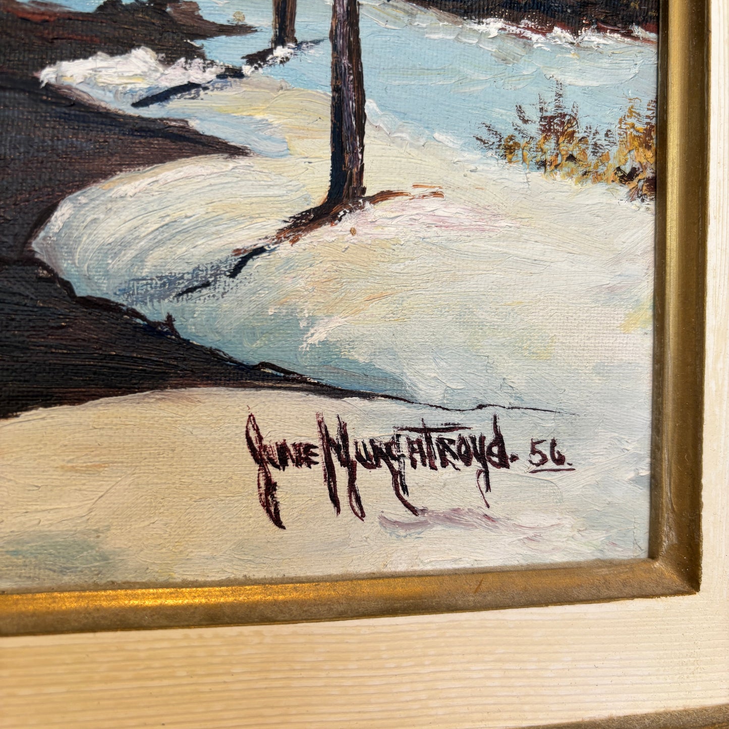 Vintage Winter River Oil Painting - Ornate Gold Frame