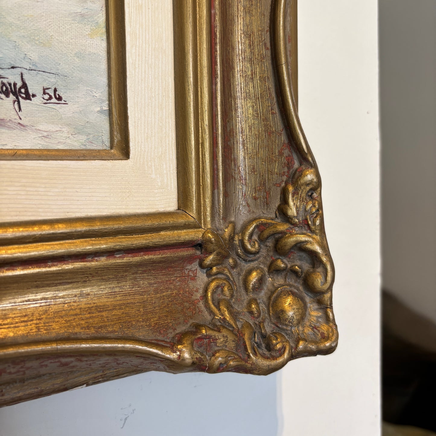 Vintage Winter River Oil Painting - Ornate Gold Frame