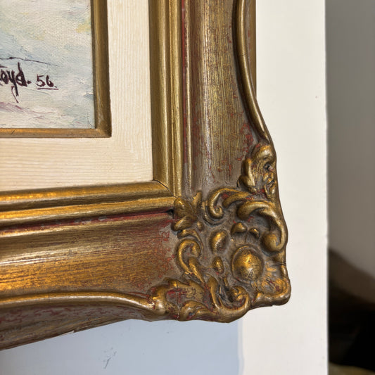 Vintage Winter River Oil Painting - Ornate Gold Frame