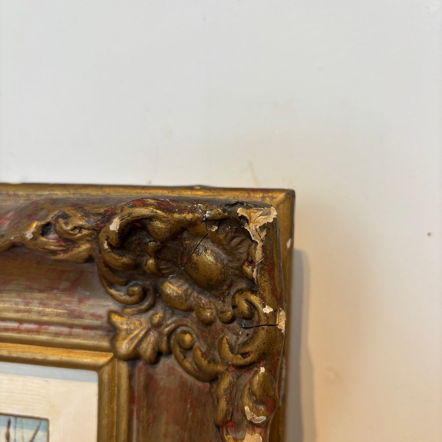 Vintage Winter River Oil Painting - Ornate Gold Frame