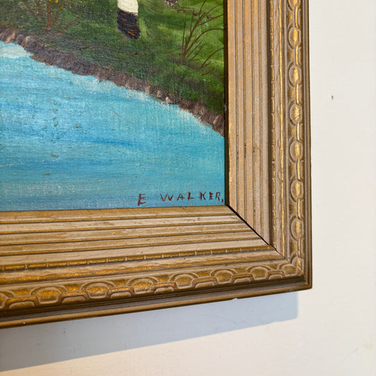 Vintage Summer River Oil Painting - Wood Frame
