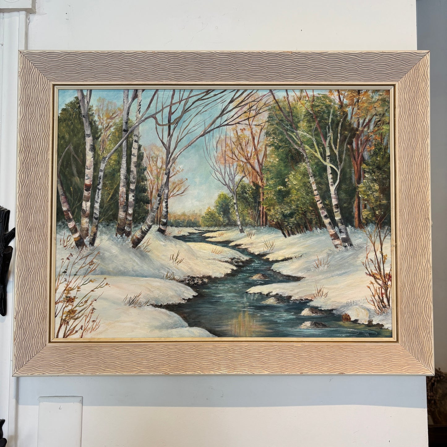 Vintage "Winter Birches" Oil Painting - White Frame