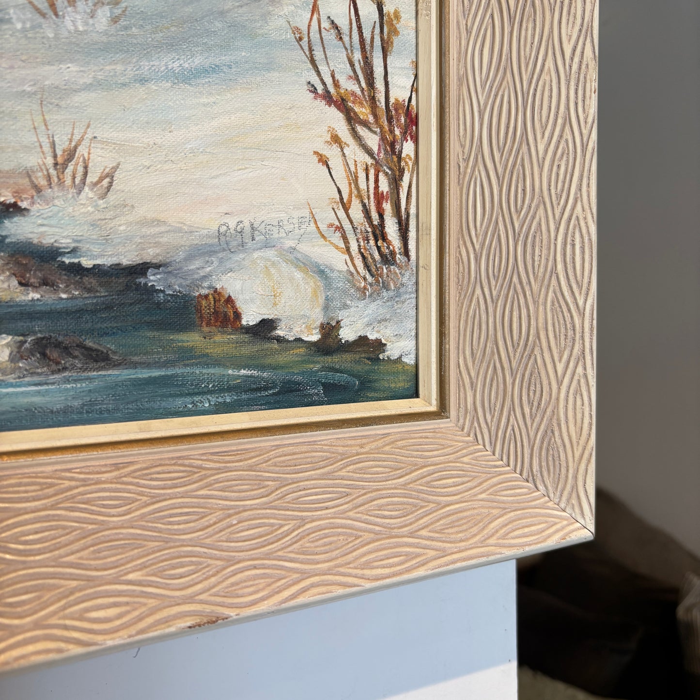 Vintage "Winter Birches" Oil Painting - White Frame