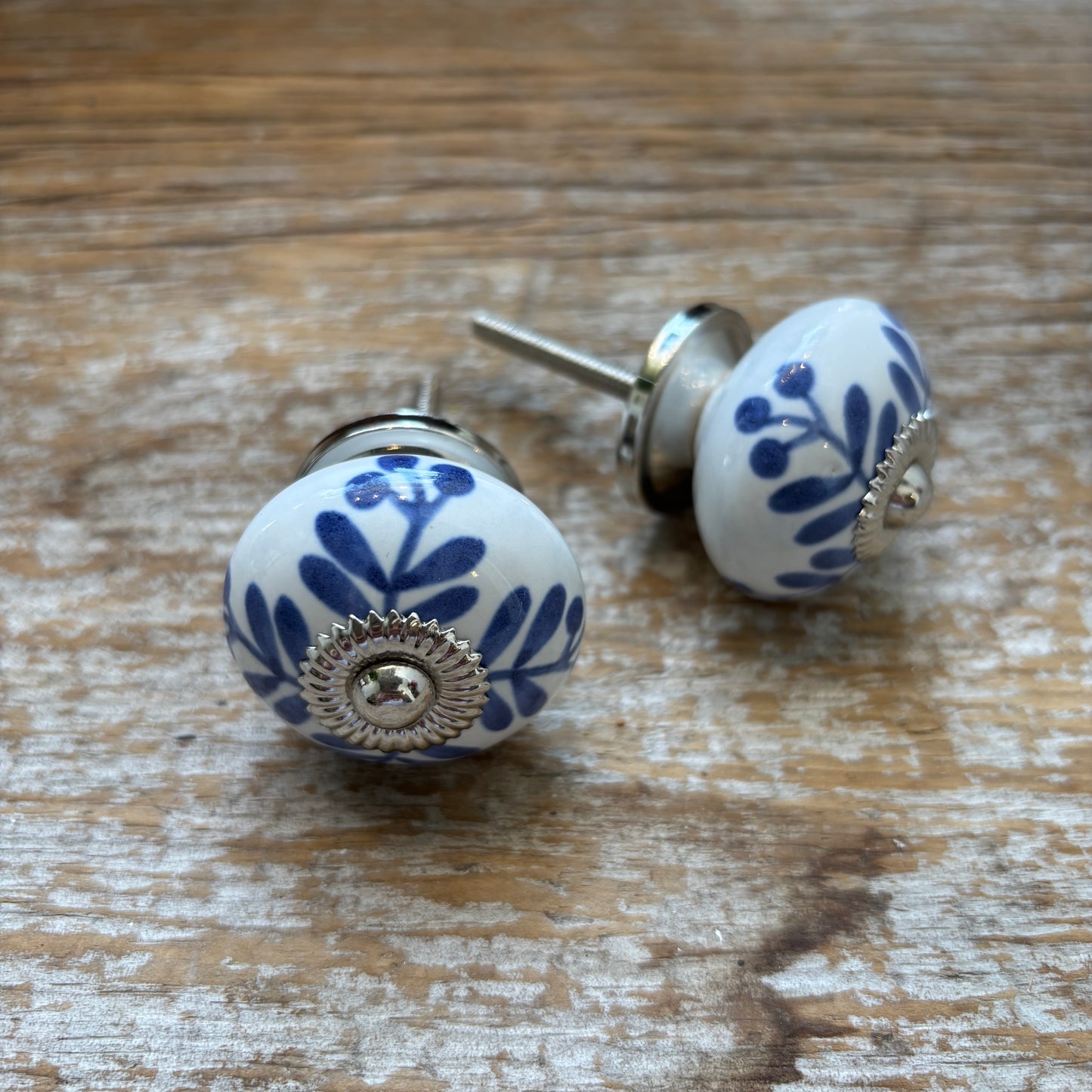 Knob: Hand Painted Blue Leaves