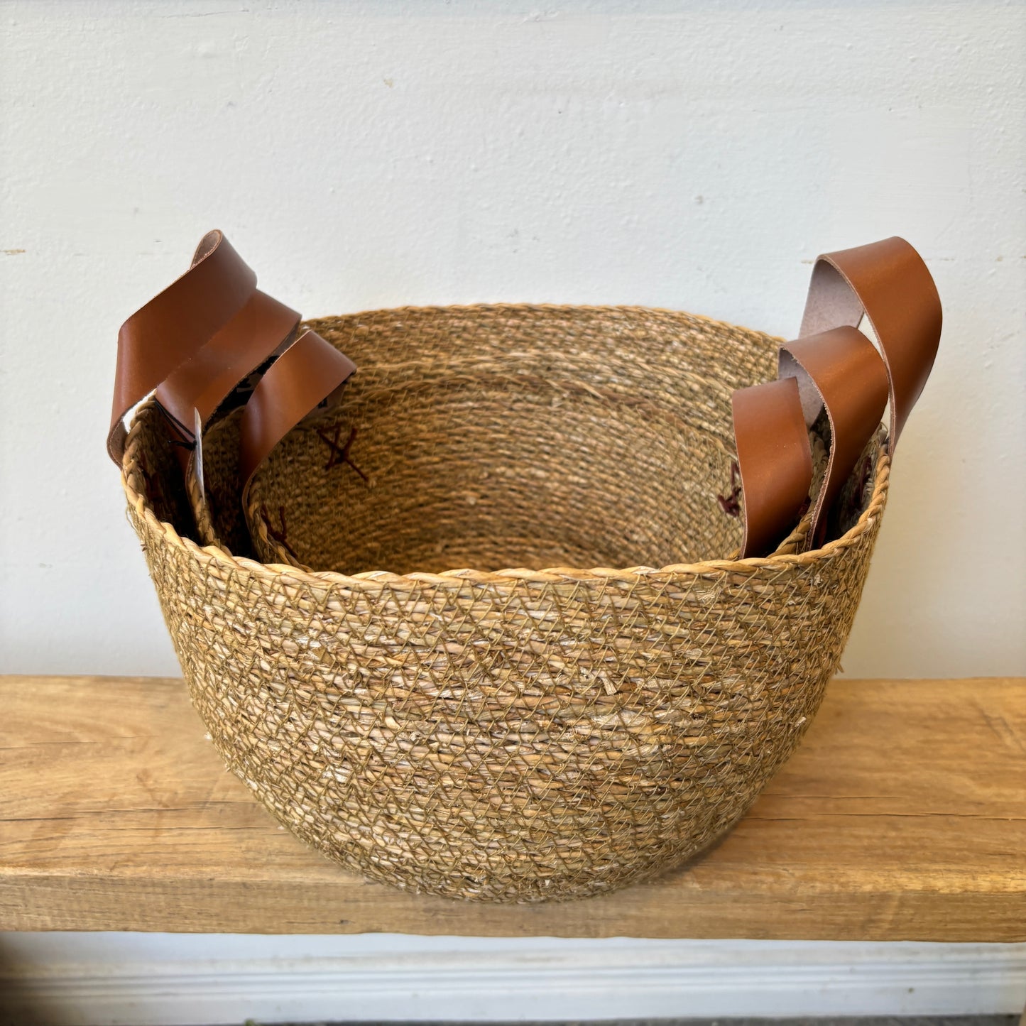Round Seagrass Baskets w/ Leather Handles