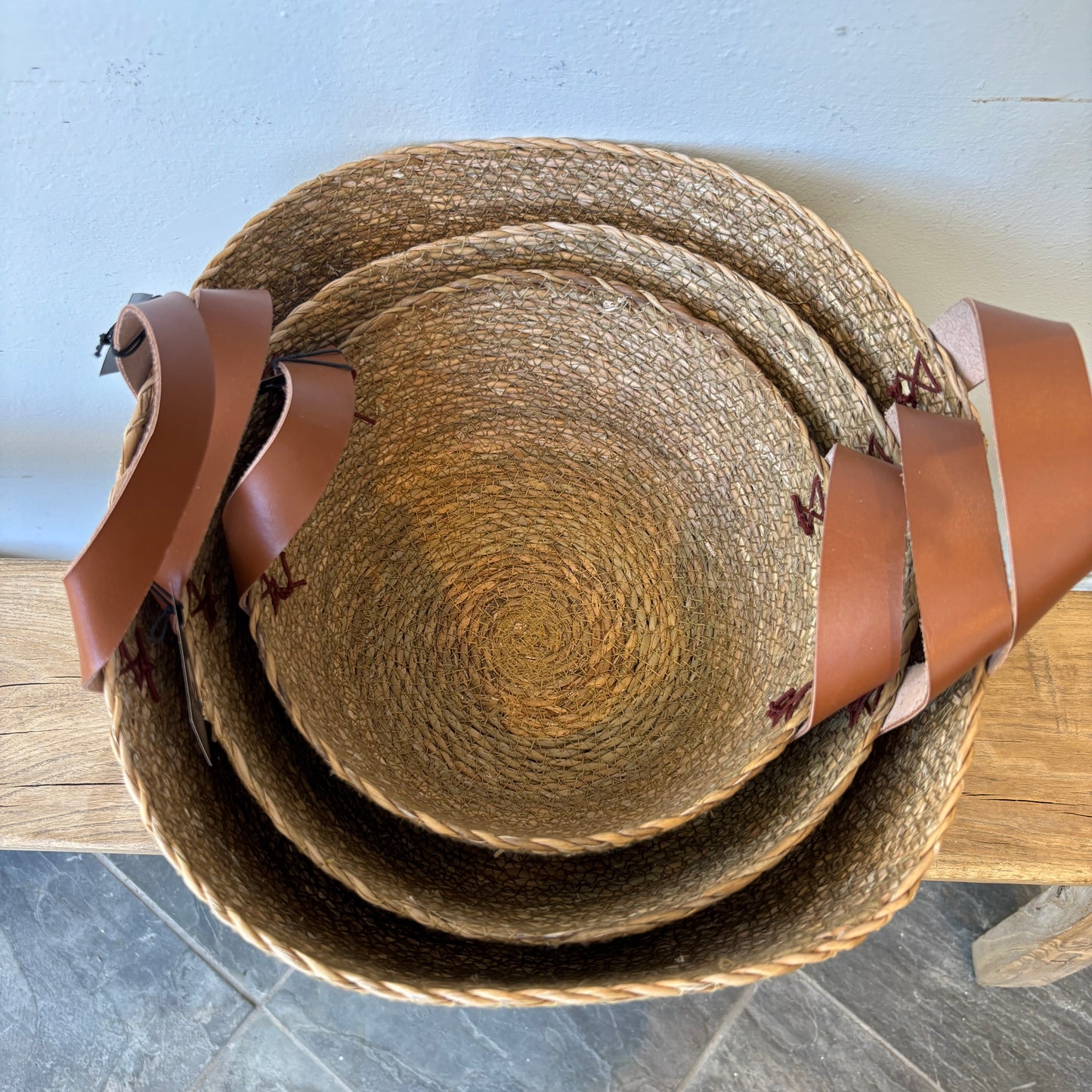 Round Seagrass Baskets w/ Leather Handles