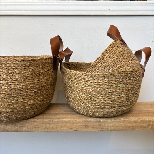 Round Seagrass Baskets w/ Leather Handles
