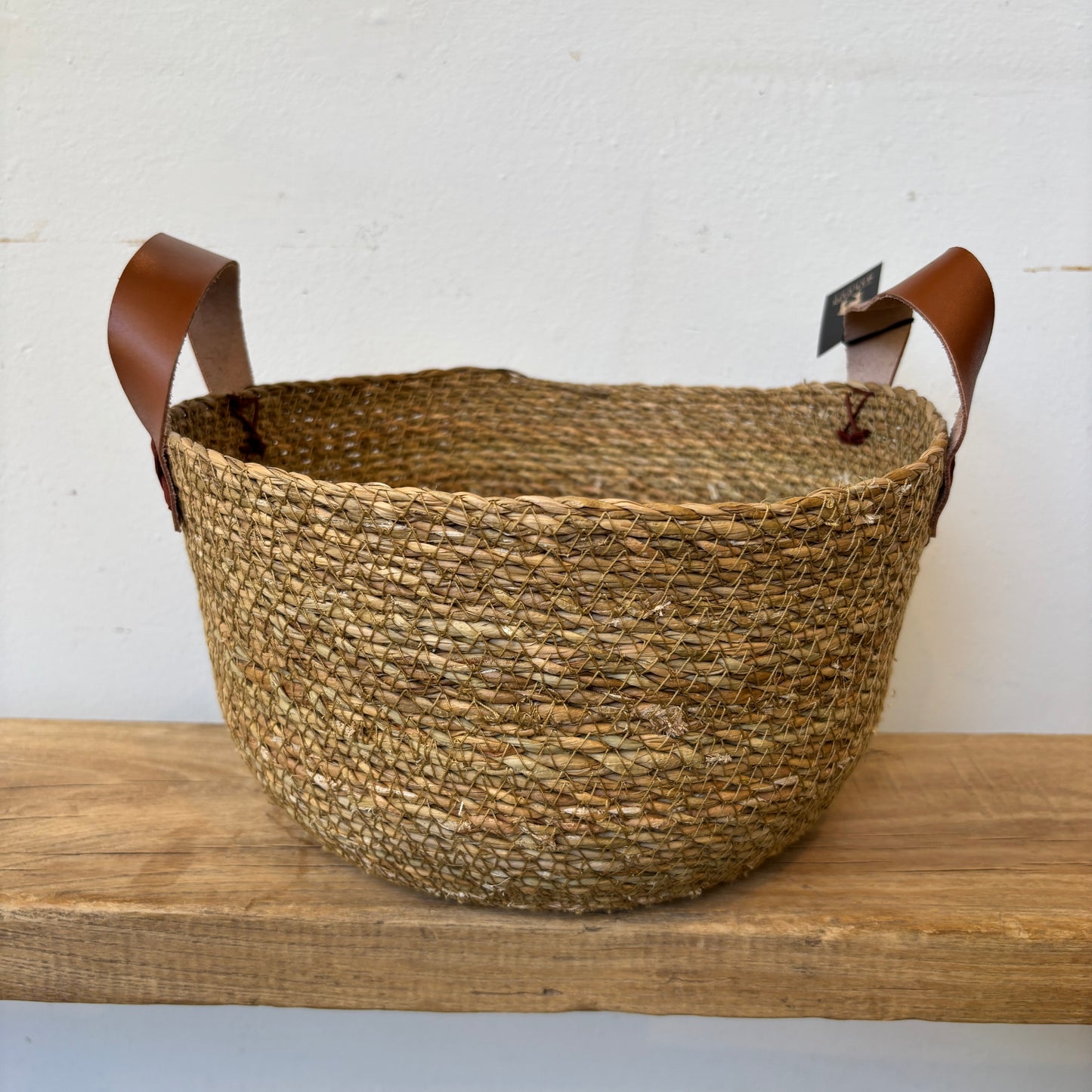 Round Seagrass Baskets w/ Leather Handles