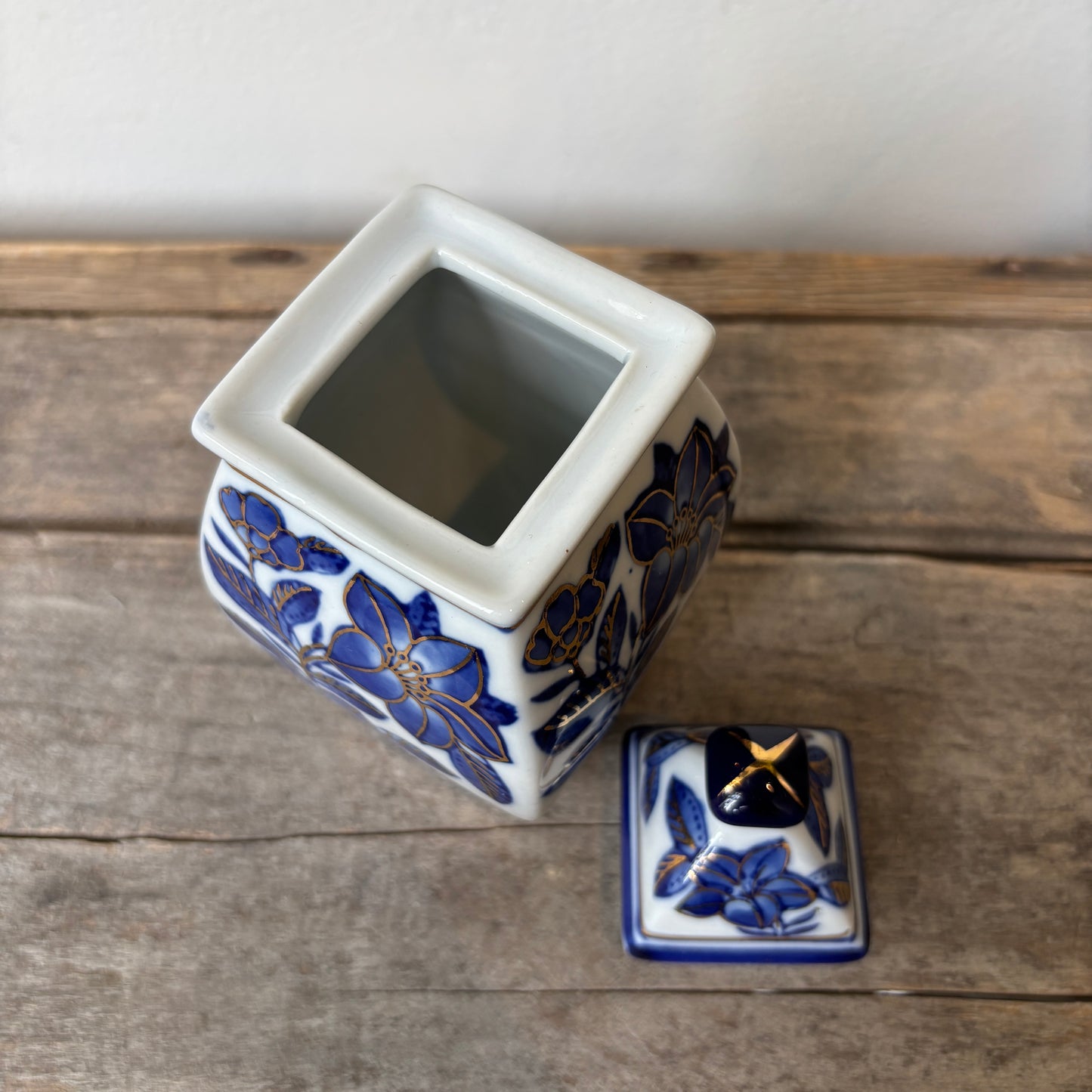 Vintage Blue & White Ginger Jar w/ Gold Detail