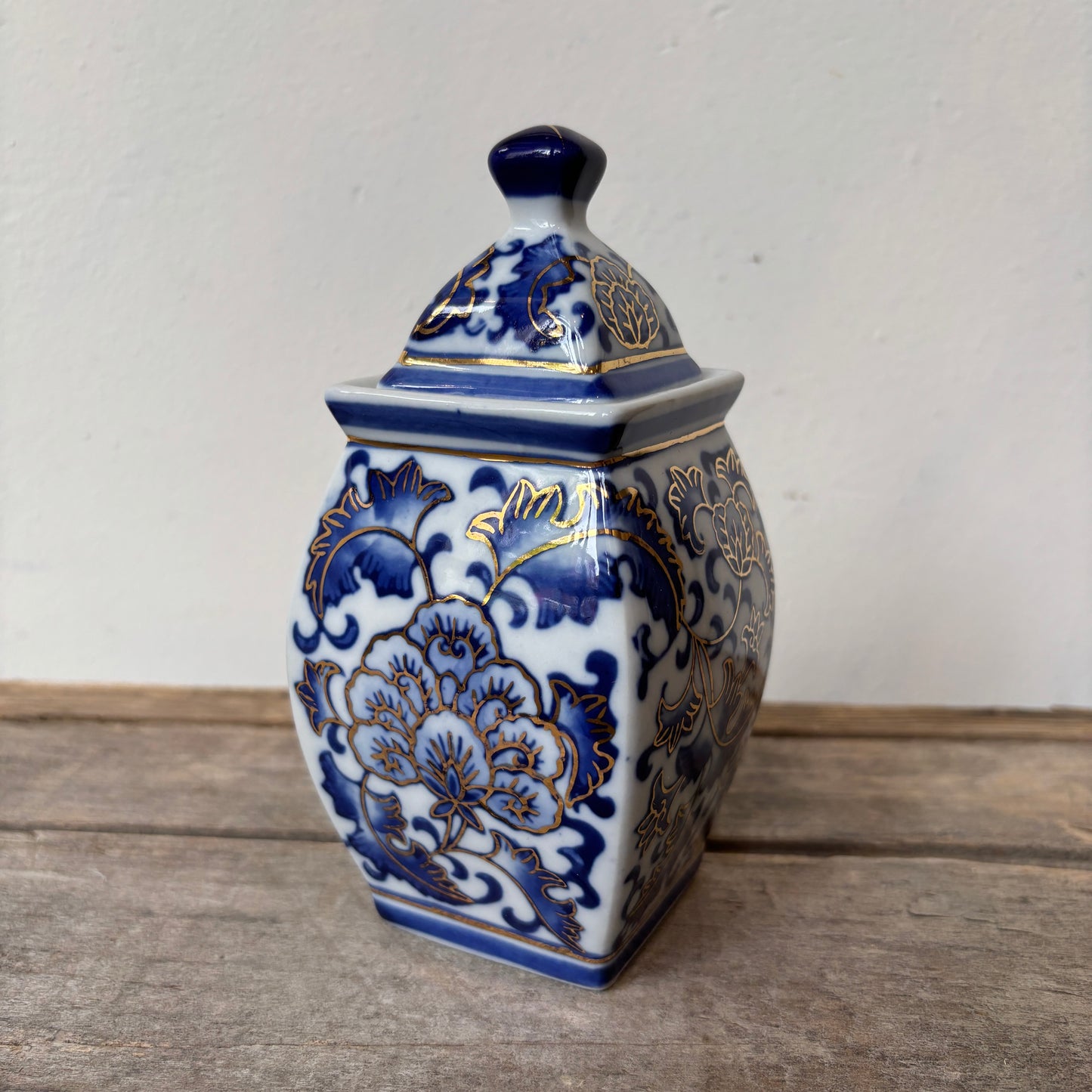 Vintage Blue & White Ginger Jar w/ Gold Detail