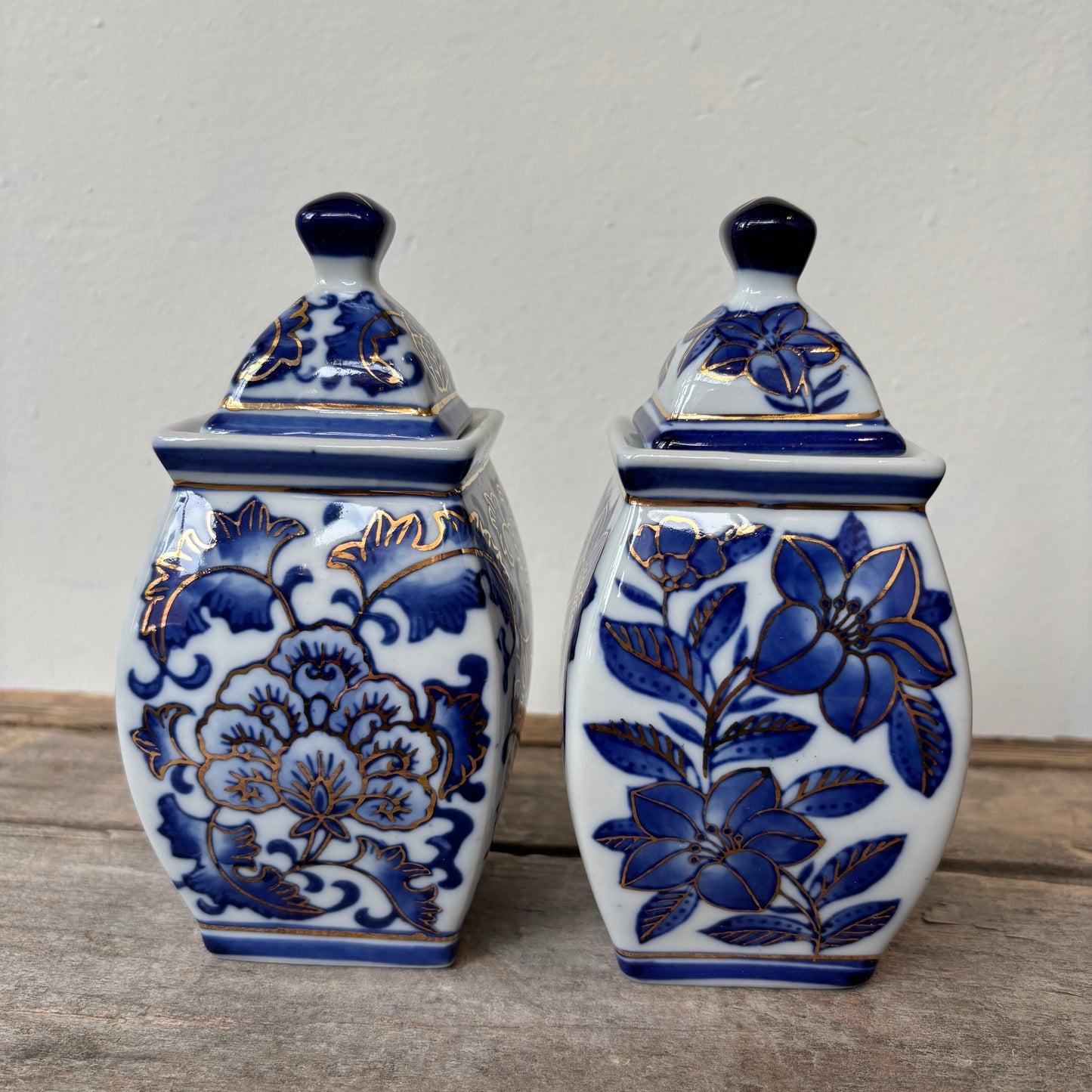 Vintage Blue & White Ginger Jar w/ Gold Detail