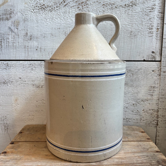 Vintage Stoneware Jug  w/Finger Loop - Blue & White Stripes