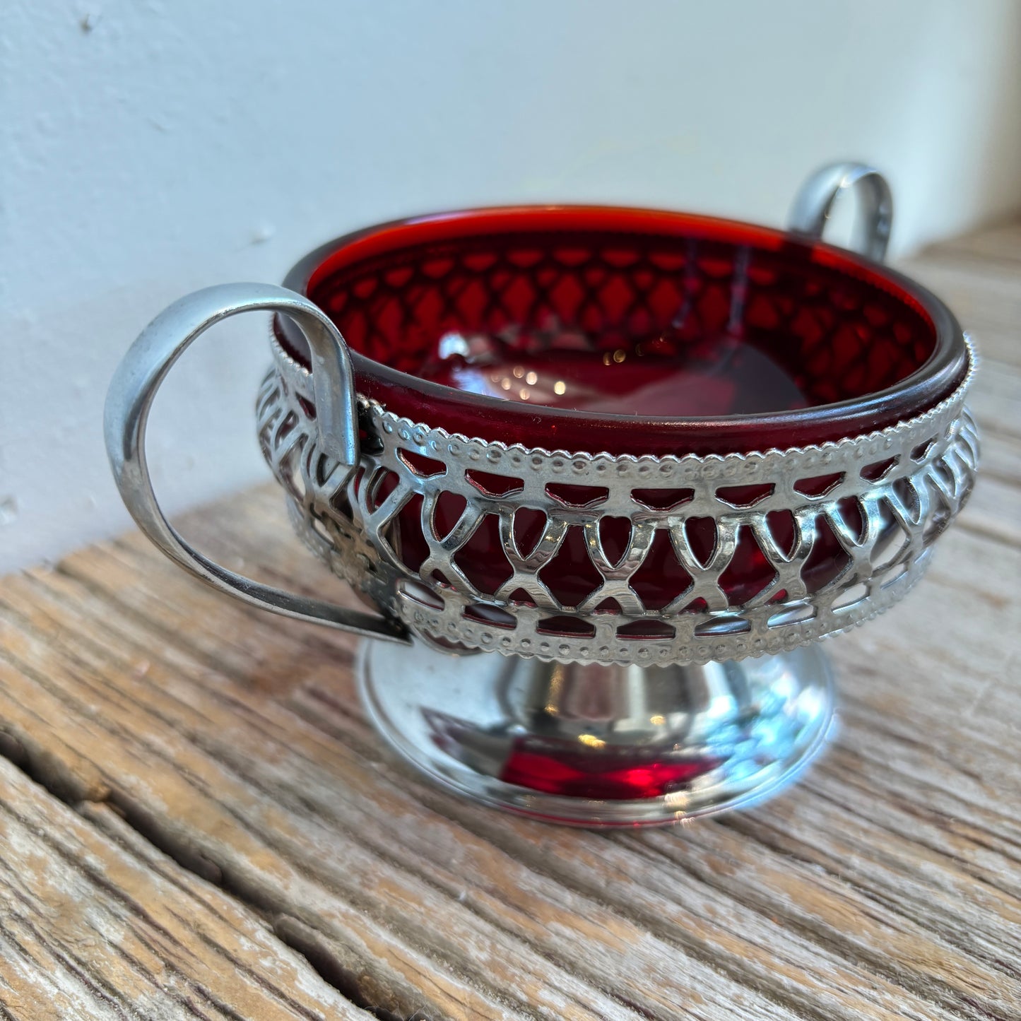 Vintage Ruby Red Dish w/ Silver Serving Base