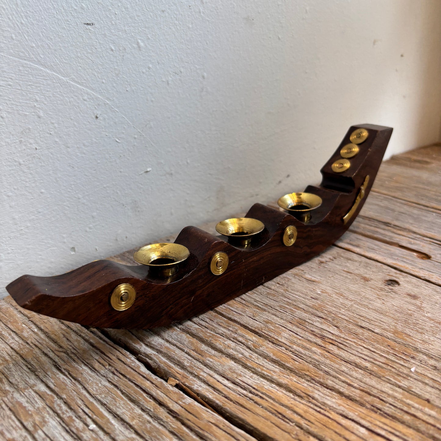 Vintage Wood & Brass Boat Candle Holder