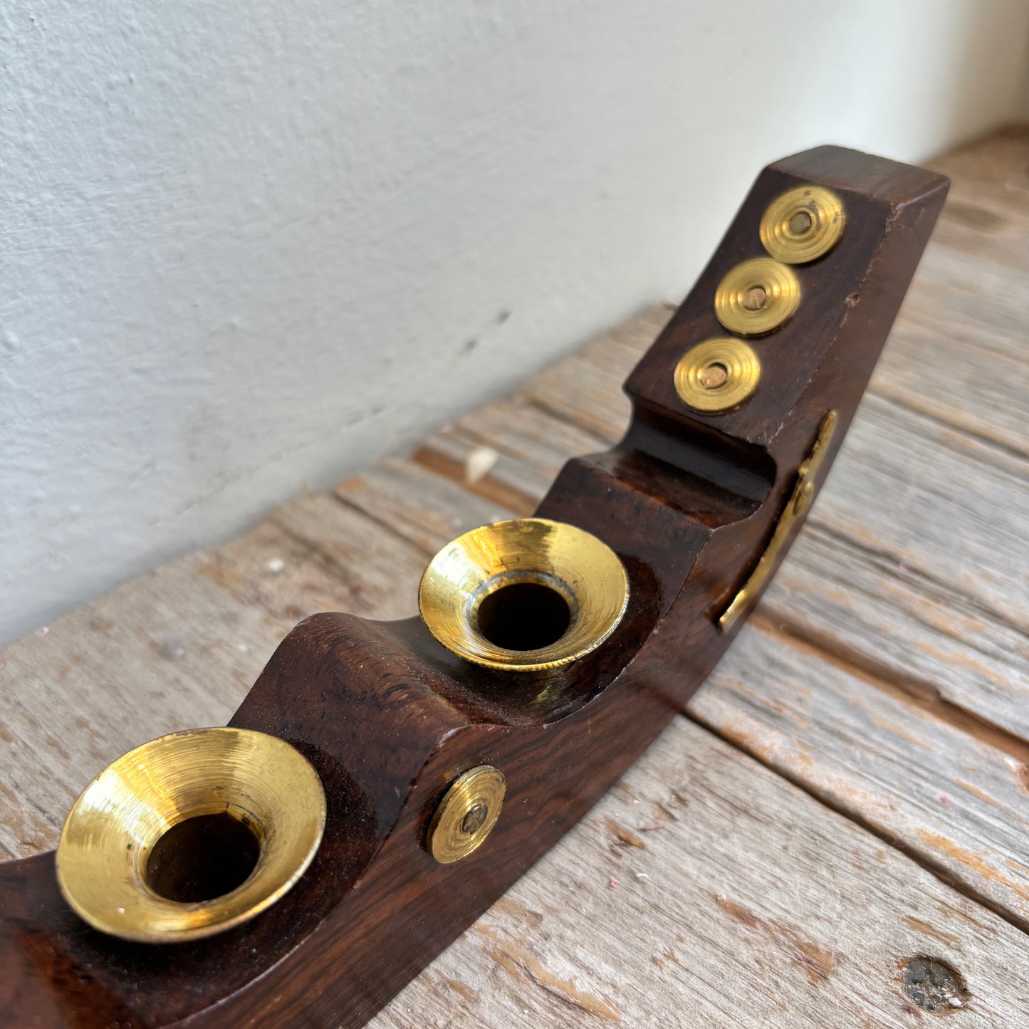 Vintage Wood & Brass Boat Candle Holder