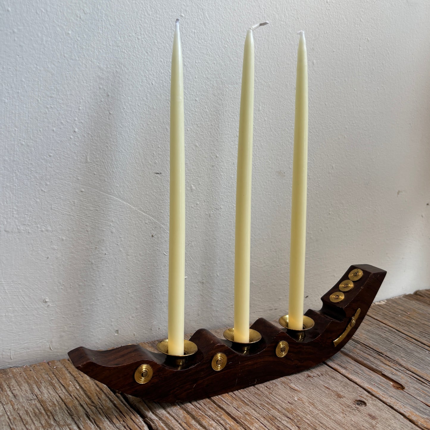 Vintage Wood & Brass Boat Candle Holder