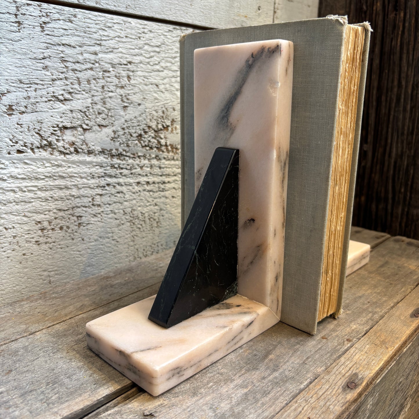 Vintage Pink & Black Alabaster Bookends - Set of 2