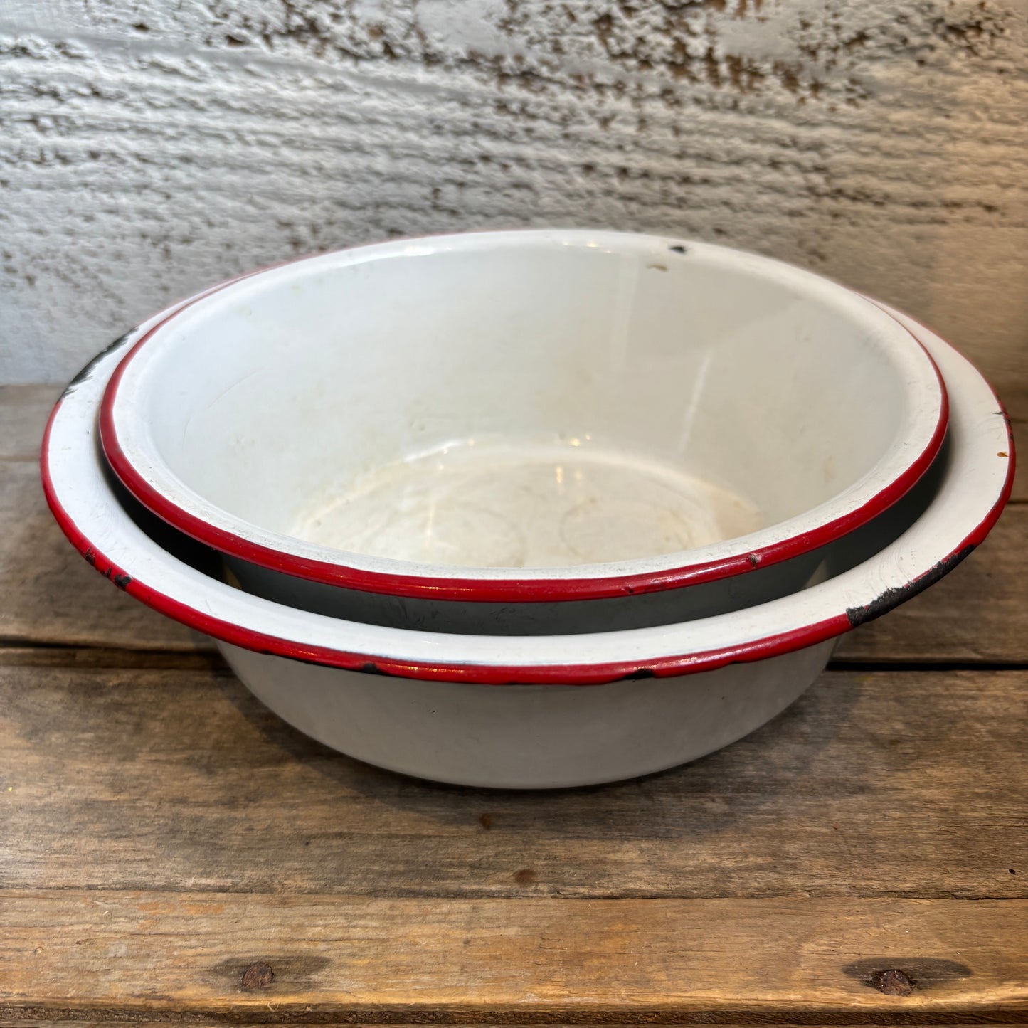 Vintage Enamel Bowl - Red Rim