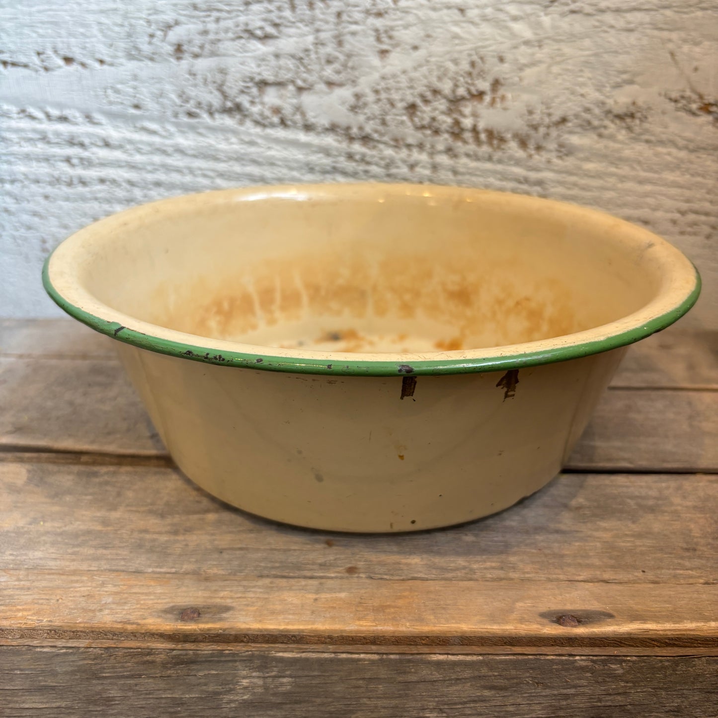Vintage Enamel Bowl - Green Rim