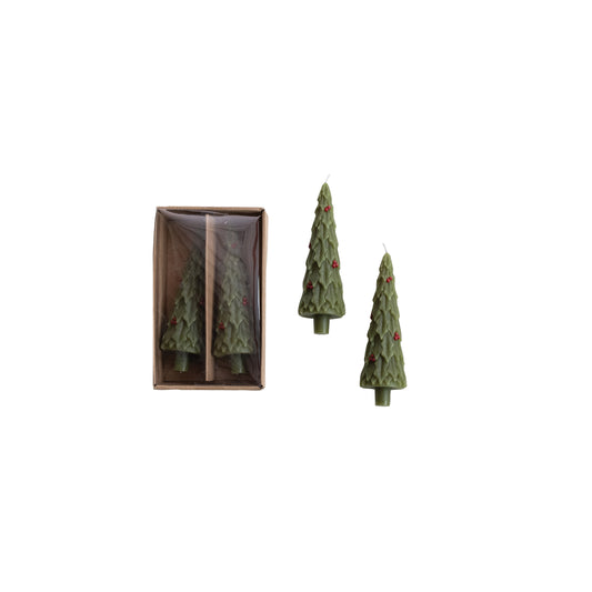8" Holly Tree Taper Candles - Set of 2