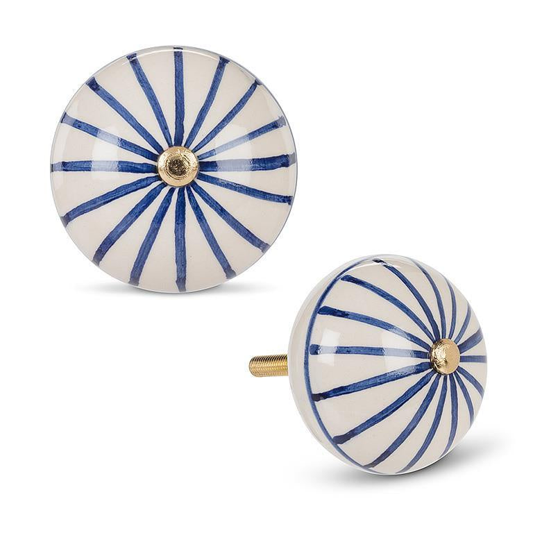 Knob: Round Ceramic, Blue + White Stripe