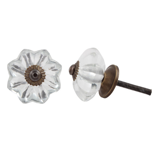 Knobs: Flower, glass, clear, antique finish
