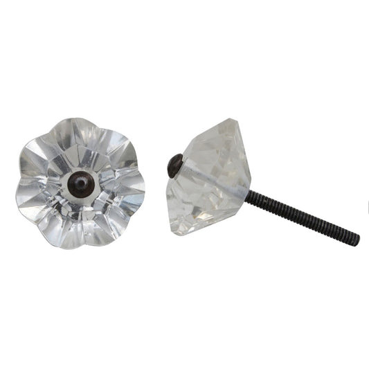 Knob: Flower, Clear, Glass, Antique Finish