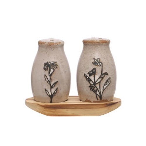 Stoneware Salt + Pepper Shakers w/ Tray